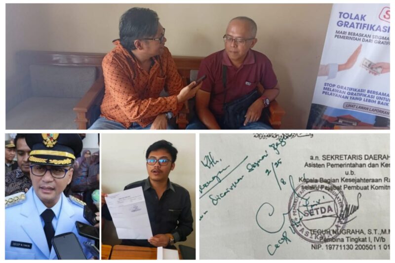 SG seorang Pengusaha sekaligus Pelapor saat dikonfirmasi (atas), Bupati Tasikmalaya dan Kuasa Hukum SG (pojok kanan bawah) dan Bukti Surat Disposisi Bertinta Hijau (pojok kiri bawah)//jabar.newsline.id