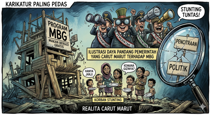 Ilustrasi carut-marut pengelolaan program MBG yang digadang mampu menuntaskan masalah stunting. (dok newslinejabar).