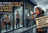 Ilustrasi teriakan korban penipuan di Bekasi, Jawa Barat. (Ilustrasi tim newsline.id).
