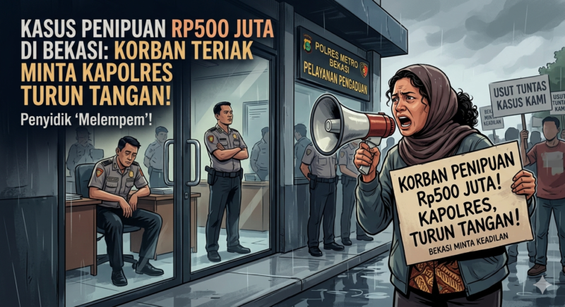 Ilustrasi teriakan korban penipuan di Bekasi, Jawa Barat. (Ilustrasi tim newsline.id).