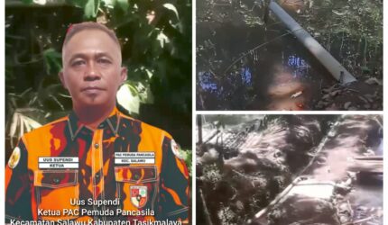 Poto: Ketua PAC PP Kecamatan Salawu, Uus Supendi (kanan) dan sejumlah limbah makanan SPPG Karang Mukti Salawu yang dibuang ke selokan umum (kiri)//jabar.newsline.id//