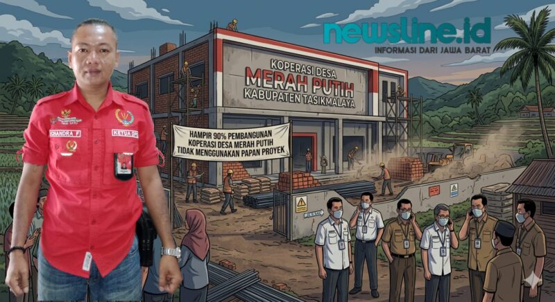 Caption: Ketua PWRI Kabupaten Tasikmalaya, Chandra F Simatupang, dan ilustrasi Pembangunan KDMP di Kabupaten Tasikmalaya Hampir 90 Persen Tanpa Papan Proyek//jabar.newsline.id//