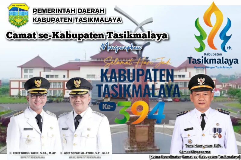 Poto: Bupati Tasikmalaya, Cecep Nurul Yakin dan Wakil Bupati Tasikmalaya, Asep Sopari Al-ayyubi (Kanan) dan Camat Singaparna selaku Ketua Koordinator Camat se-Kabupaten Tasikmalaya, Tono Haeruman mengucapkan selamat hari jadi Kabupaten Tasikmalaya ke-394 tahun 2026//jabar.newsline.id//istimewa//