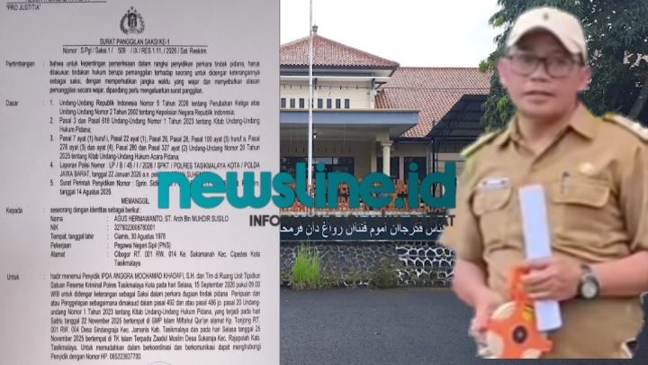 Caption: Bukti Surat Panggilan dari Satreskrim Polres Tasikmalaya Kota (Kanan) dan foto Kabid Pembangunan dan Jasa Kontruksi DPUTRLH Kabupaten Tasikmalaya, Agus Hermawanto, ST., (Kiri)//jabar.newsline.di//